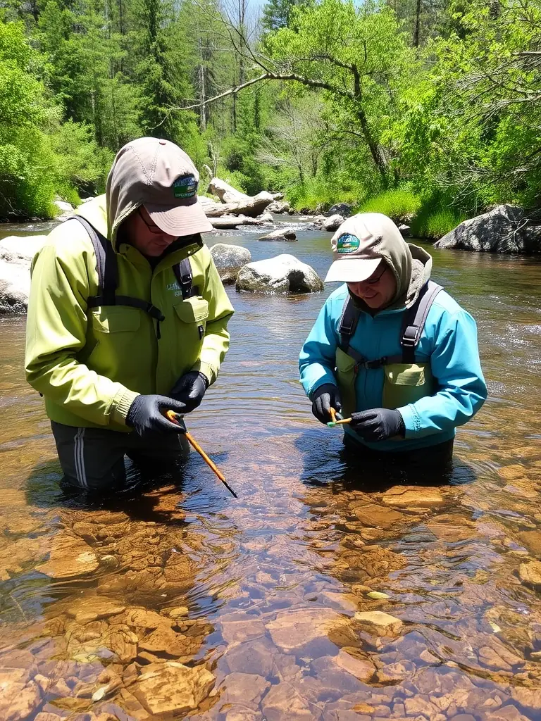 A photograph of association members conducting water quality testing in the Risle river, demonstrating their commitment to environmental monitoring.