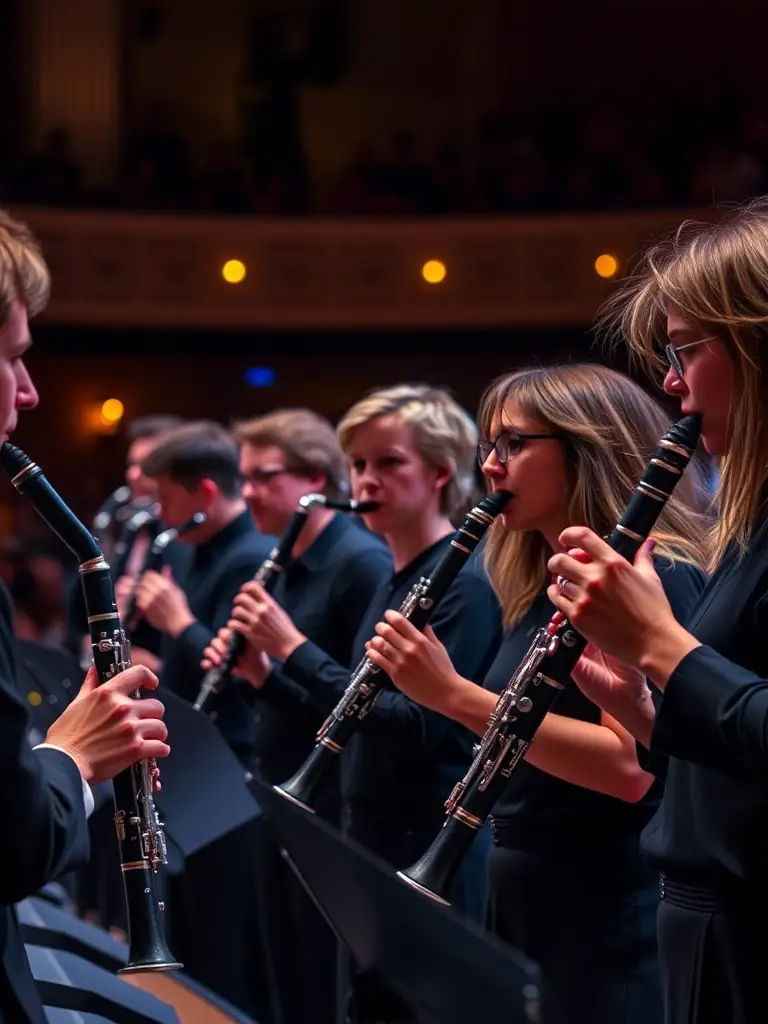 A photograph of a woodwind instrument section during a live concert performance, showcasing their coordinated playing.