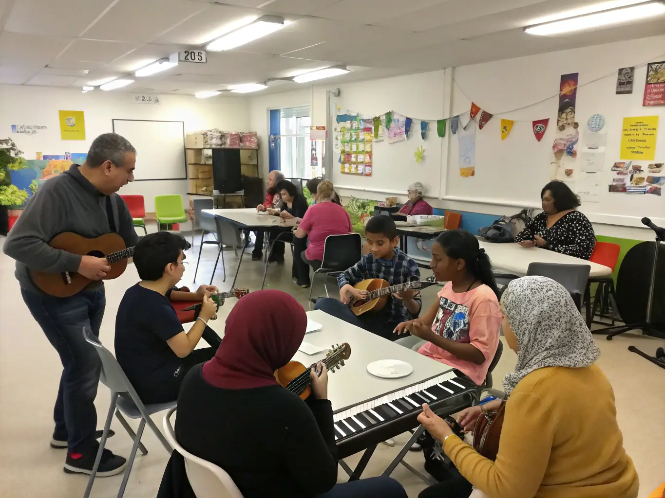 A vibrant image of a diverse group of musicians participating in a training session, showcasing various instruments and ages, set in a community hall with natural light.