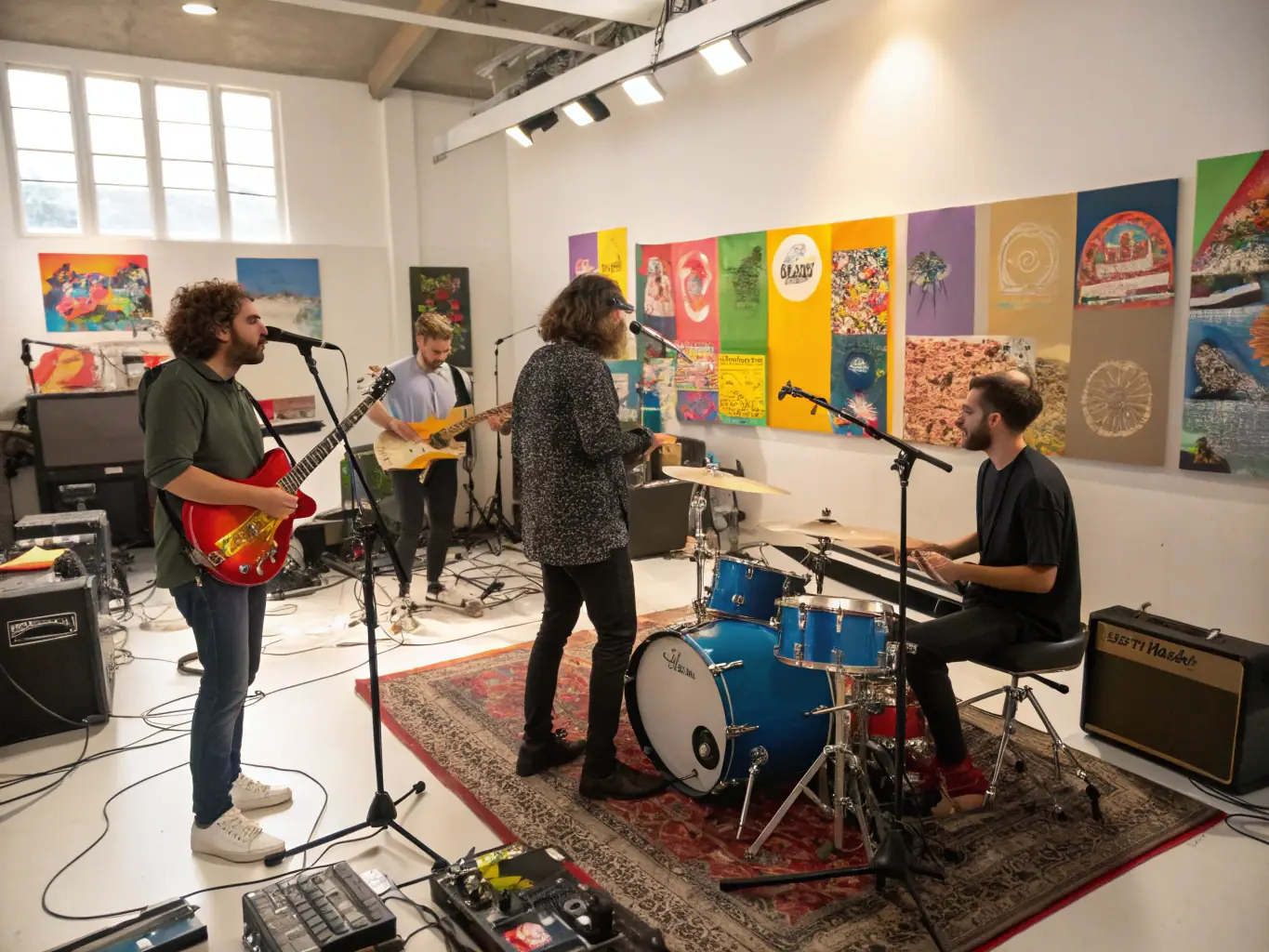 A photograph capturing a lively instrumental practice session, with musicians focused on their instruments and sheet music, set in a rehearsal room with good acoustics.