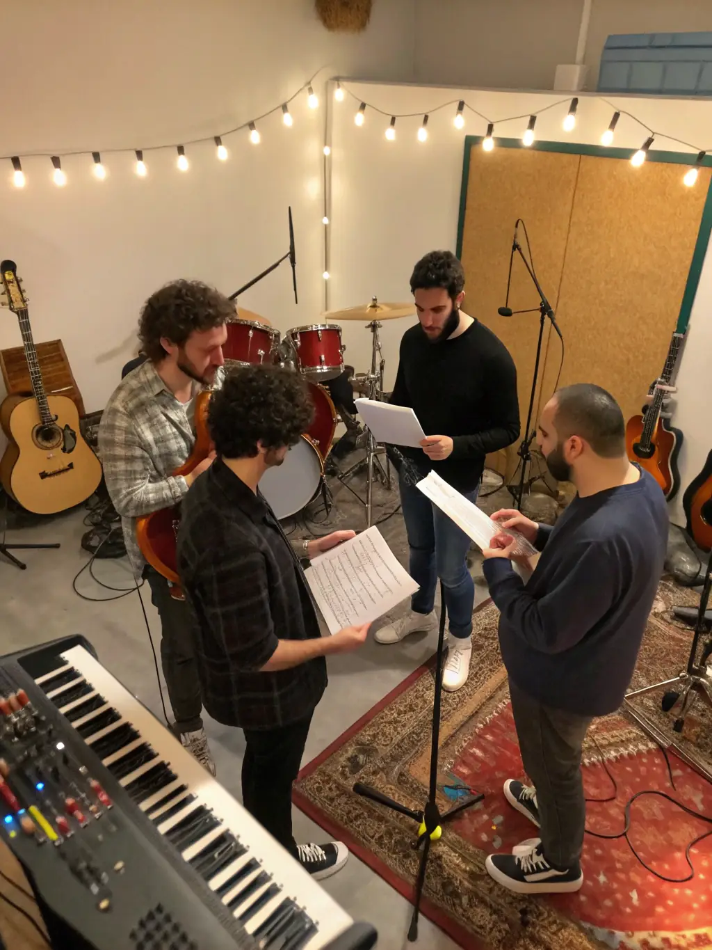 A group of musicians practicing their instruments together in a rehearsal room, focusing on their sheet music.