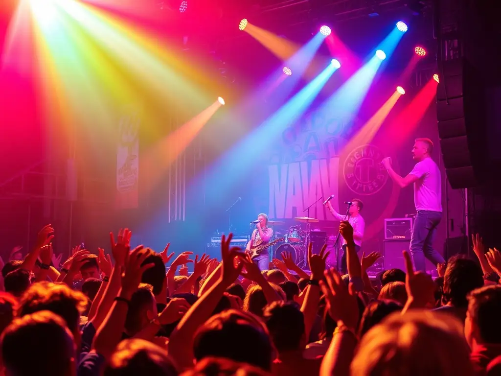 An image depicting a public concert organized by Harmonie L'Union, featuring musicians performing on stage in front of an audience, with the organization's banner visible.