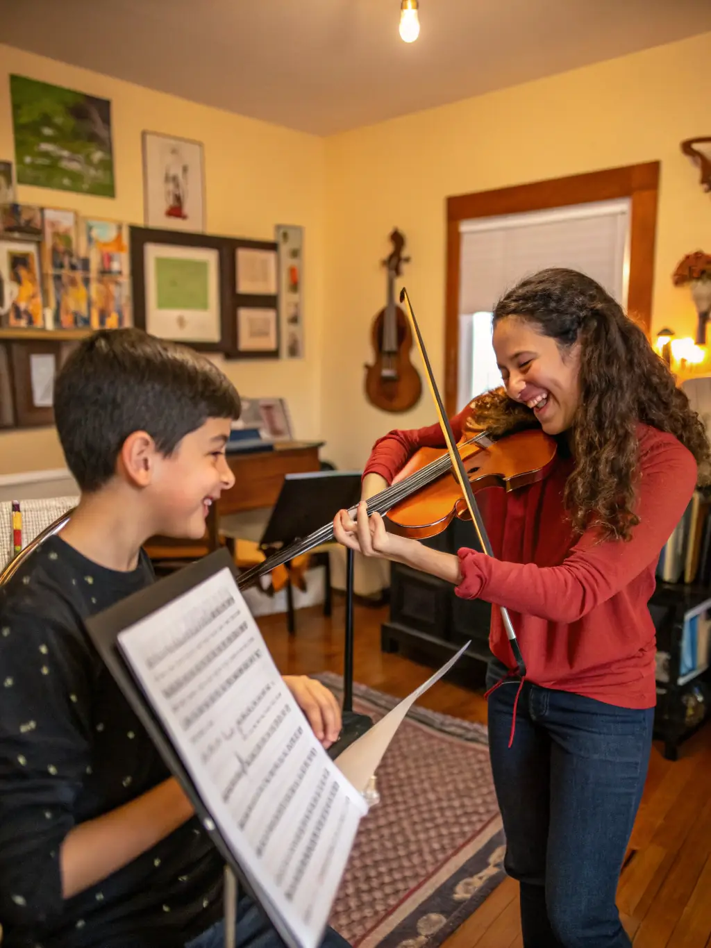 A close-up shot of a student learning to play a brass instrument with guidance from an instructor.